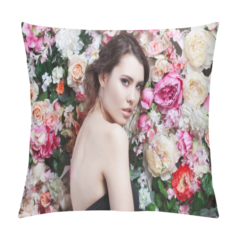 Personality  Portrait Of  Beautiful Fashion Girl, Sweet, Sensual. Beautiful Makeup And Messy Romantic Hairstyle. Flowers Background. Green Eyes. Pillow Covers