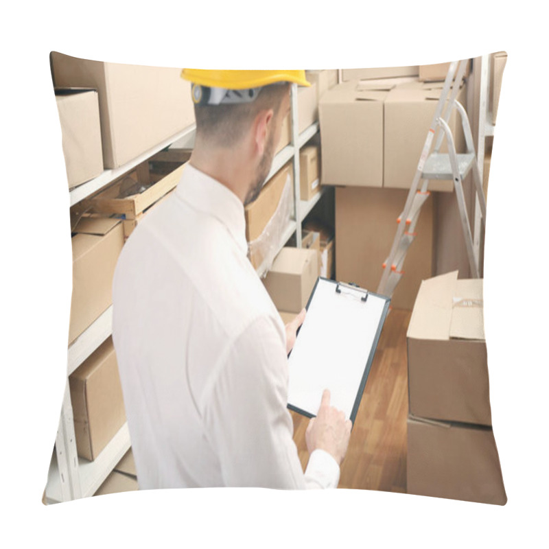 Personality  Businessman With Clipboard In Warehouse Pillow Covers