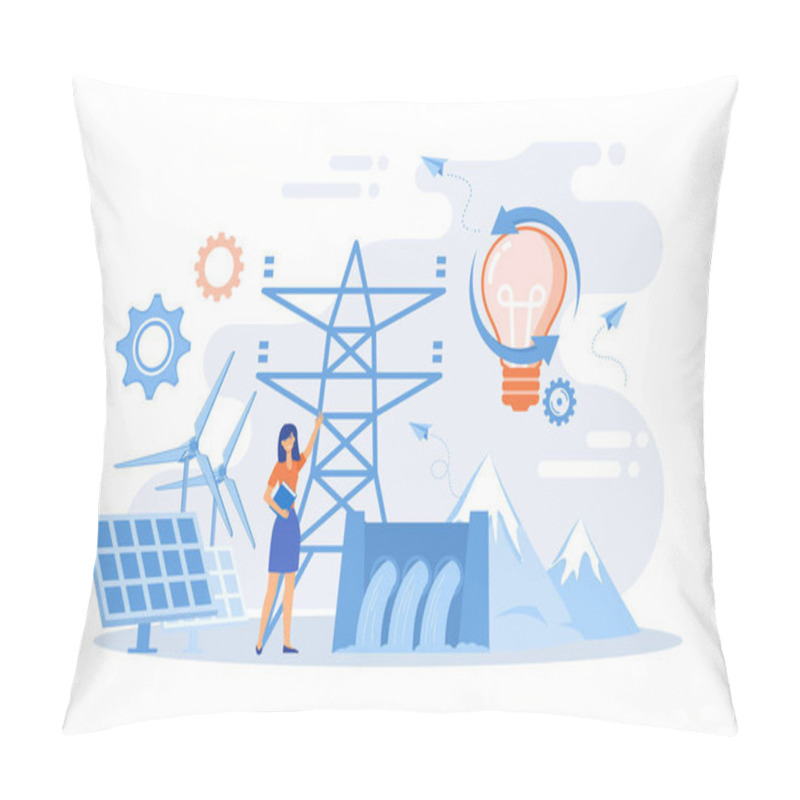 Personality  Scientist With Sustainable Development Ideas Solar Panels, Hydropower, Wind. Sustainable Energy, Future-oriented Energy, Smart Energy System Concept. Flat Vector Modern Illustration Pillow Covers