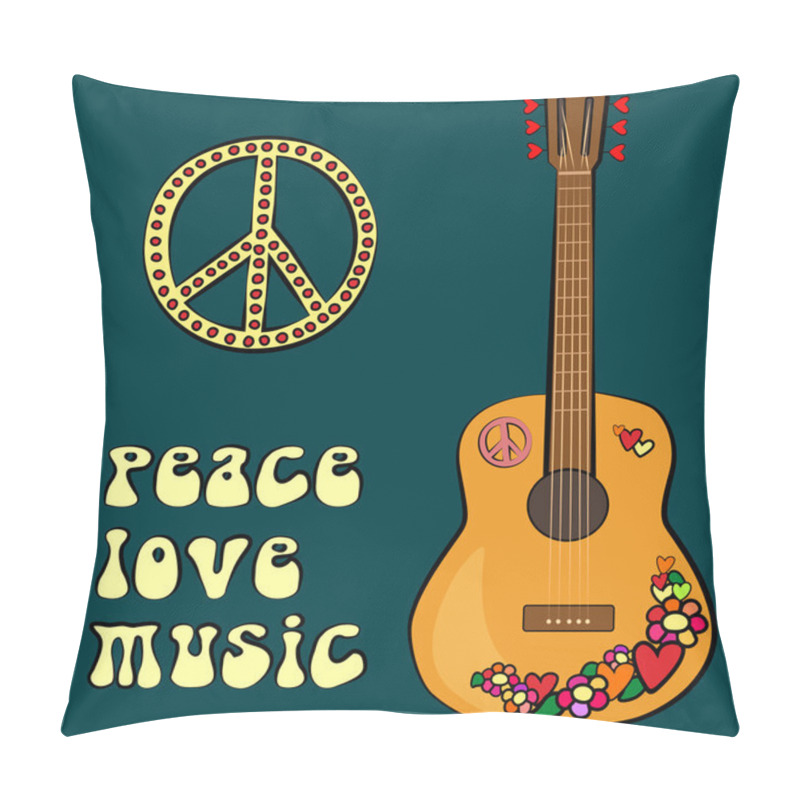 Personality  PEACE LOVE MUSIC Text Design With Peace Symbol And Guitar Pillow Covers