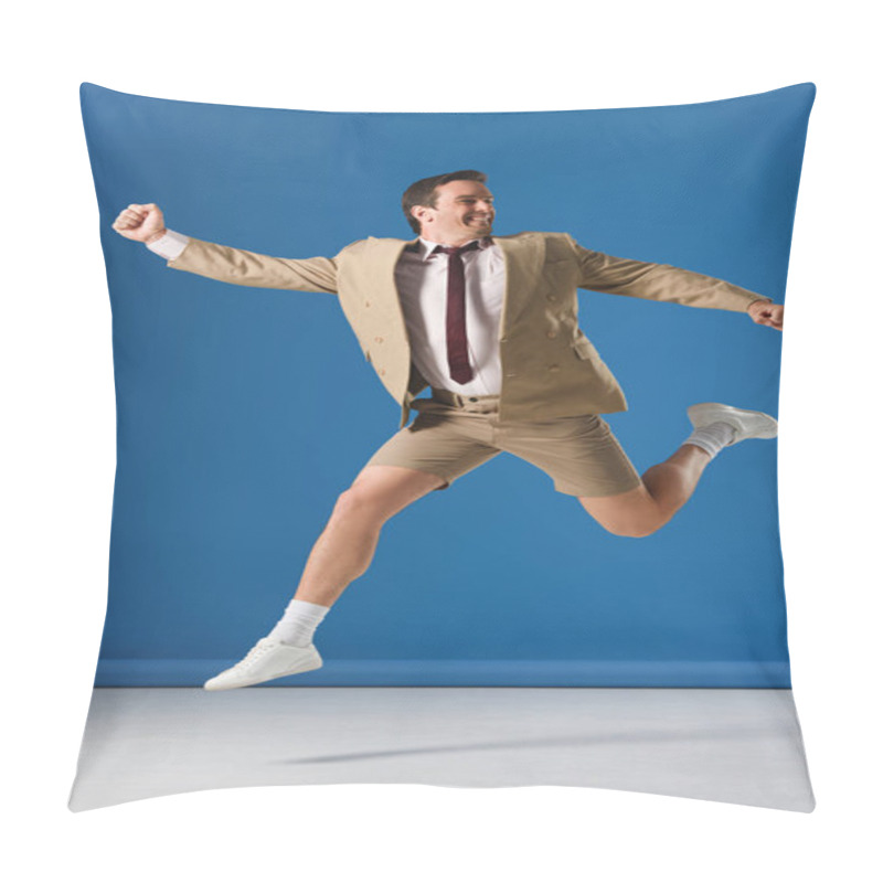 Personality  Excited Man In Shorts And Suit Jacket Jumping And Looking Away On Blue Pillow Covers