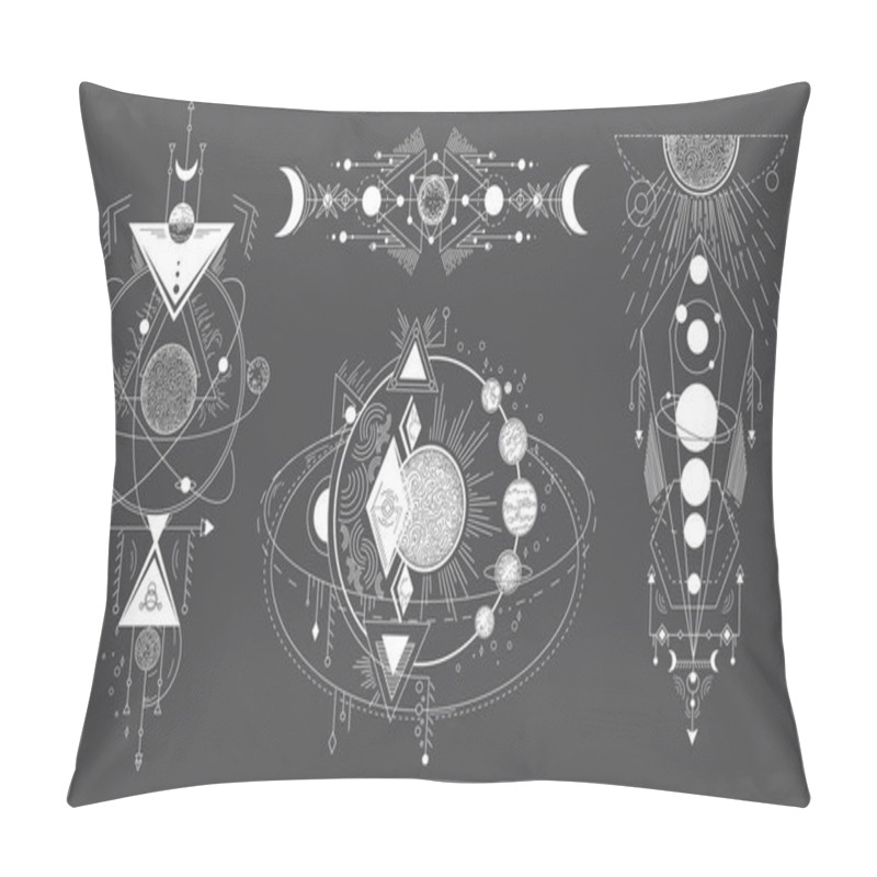 Personality  Tattoos Of Space Subjects With Star Systems. Vector Set Of Geometric Abstract Magical Tattoo On Black Background. Illuminati Or Masonic Tatoo, Esoteric Paranormal Occult Vector Illustration Pillow Covers