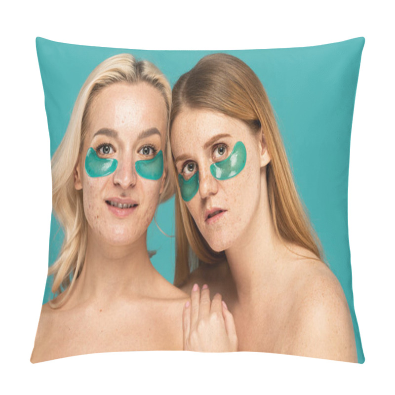 Personality  Young Women With Different Skin Conditions And Eye Patches Posing Isolated On Turquoise  Pillow Covers