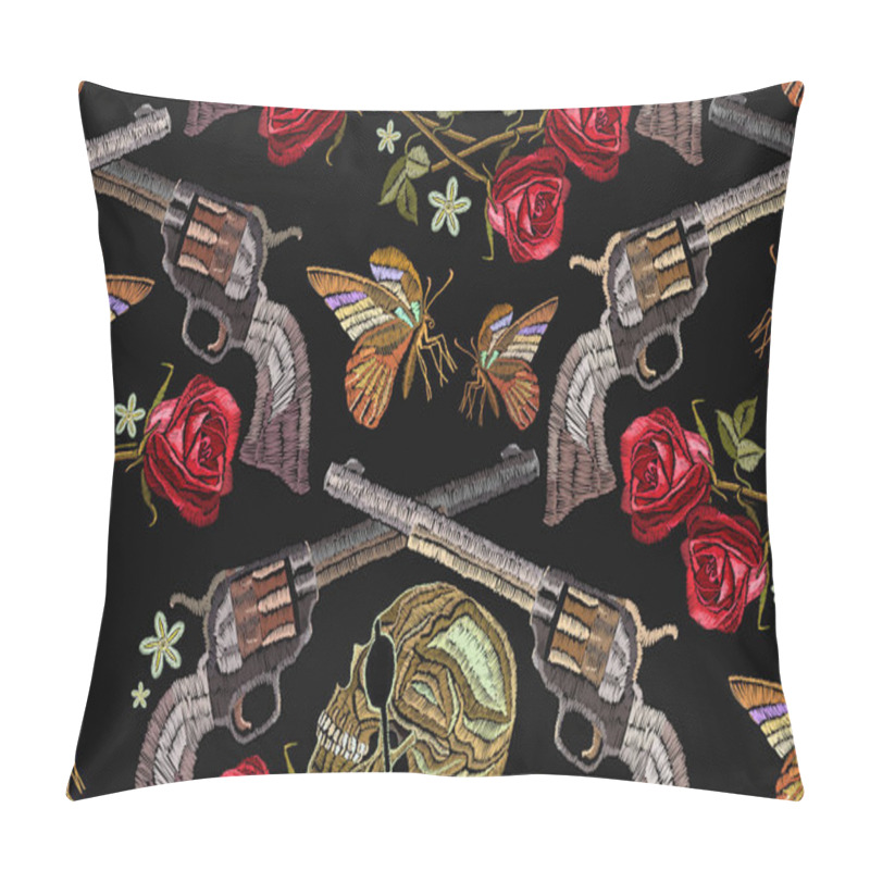 Personality  Embroidery Skull, Crossed Guns, Butterfly And Roses Pillow Covers