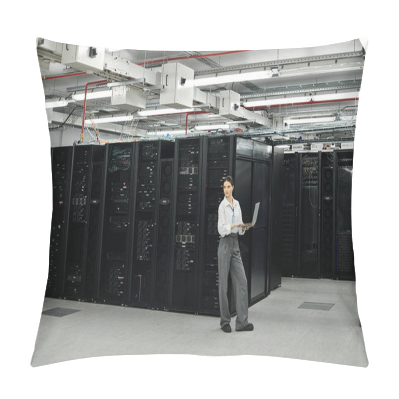 Personality  In A Modern Server Room, A Woman In A White Shirt Manages Computer Systems With Focus And Skill. Pillow Covers