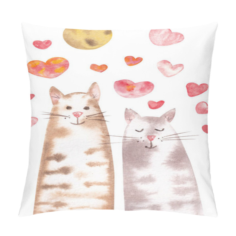 Personality  Watercolor Illustration Depicting A Pair Of Cats In Love. The Picture Is Suitable For Postcards, Stickers, Gift Bags For Valentine's Day, Wedding, Birthday. Hand-drawn Cats In Hearts On A White Background Pillow Covers