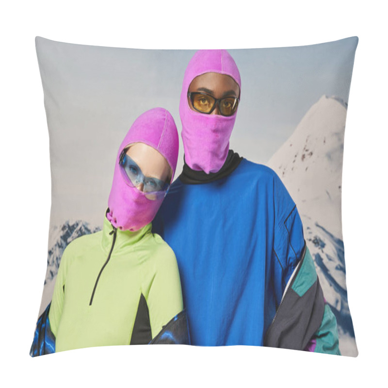 Personality  Young Stylish Couple In Warm Vibrant Outfits And Pink Balaclavas With Snowy Backdrop, Winter Concept Pillow Covers