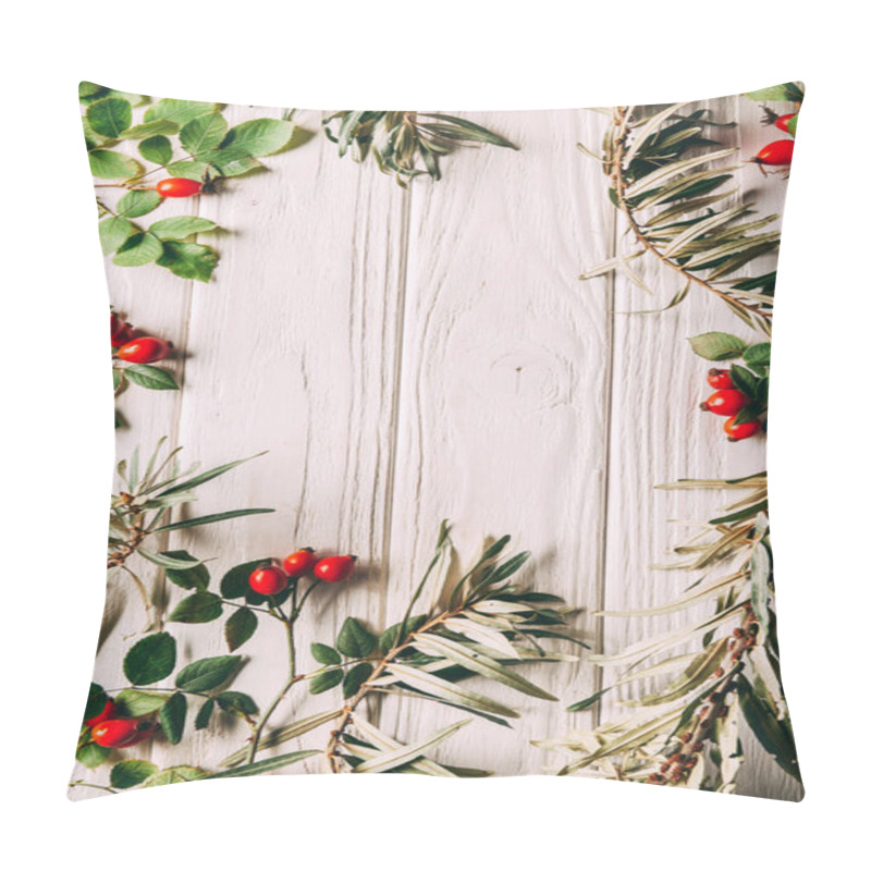 Personality  Flat Lay With Arrangement Of Autumn Herbs On White Wooden Tabletop Pillow Covers