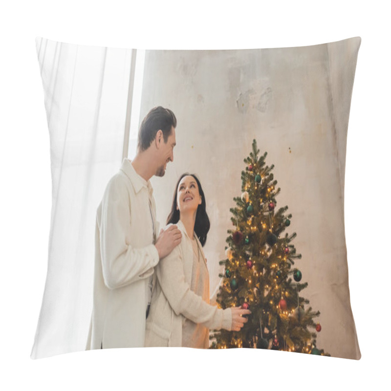 Personality  Happily Married Couple In Soft Home Wear Decorating Christmas Tree In Modern Apartment, Holiday Pillow Covers