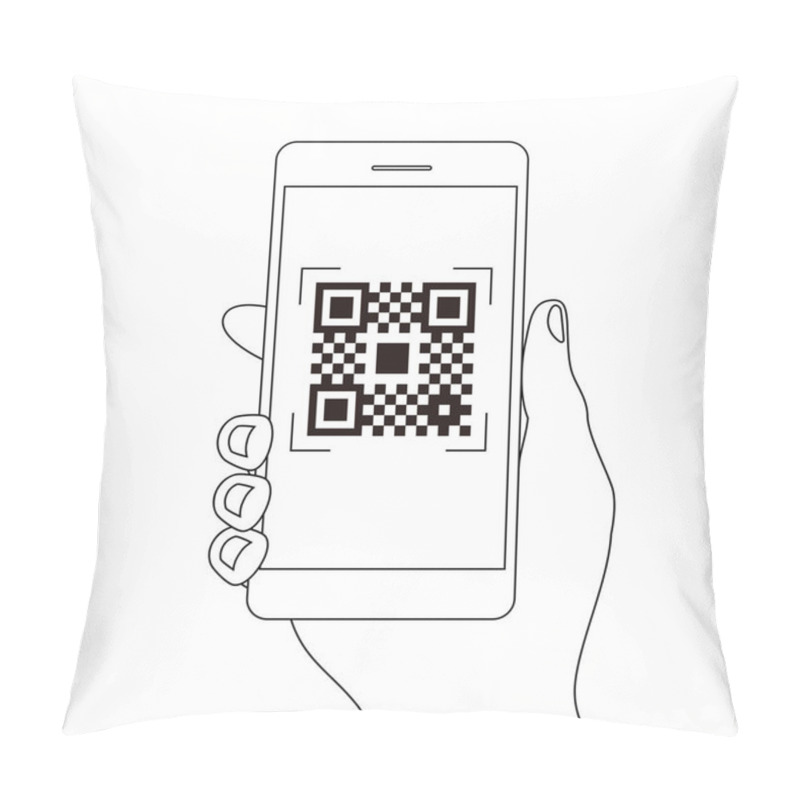 Personality  Qr Code Payment Hand Finger Smartphone App Cashless Technology Concept Vector Line Illustration Design Image. Digital Pay Without Money. Pillow Covers