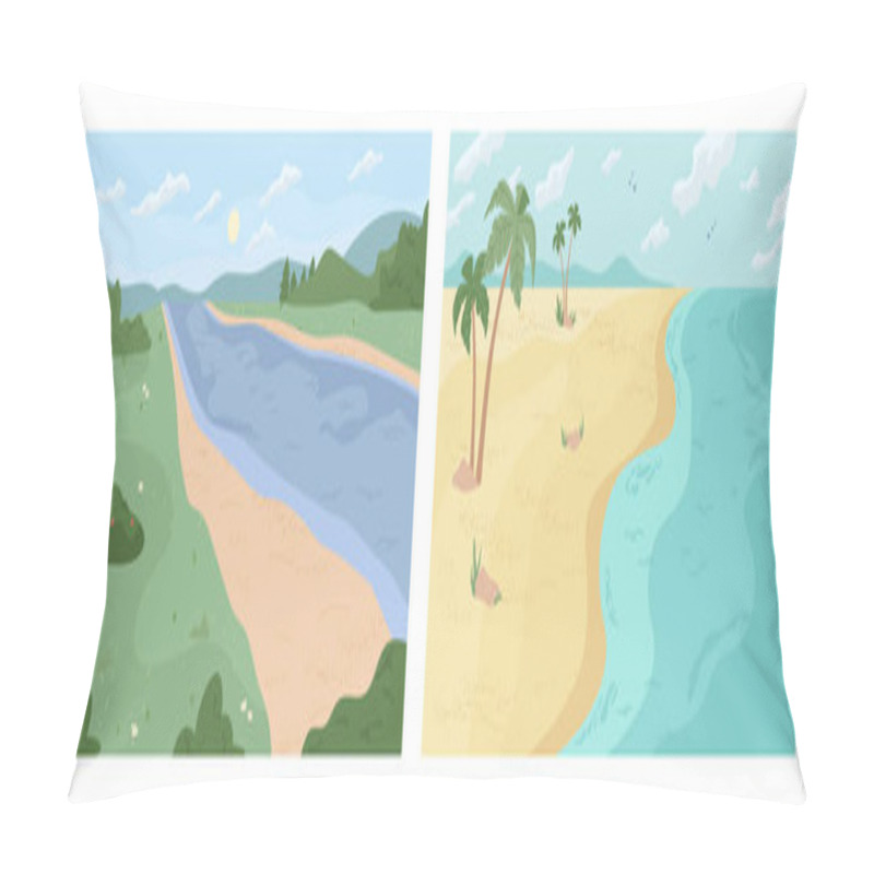 Personality  Set Of Summer Landscapes, Beach Of Sea, River Bank Pillow Covers