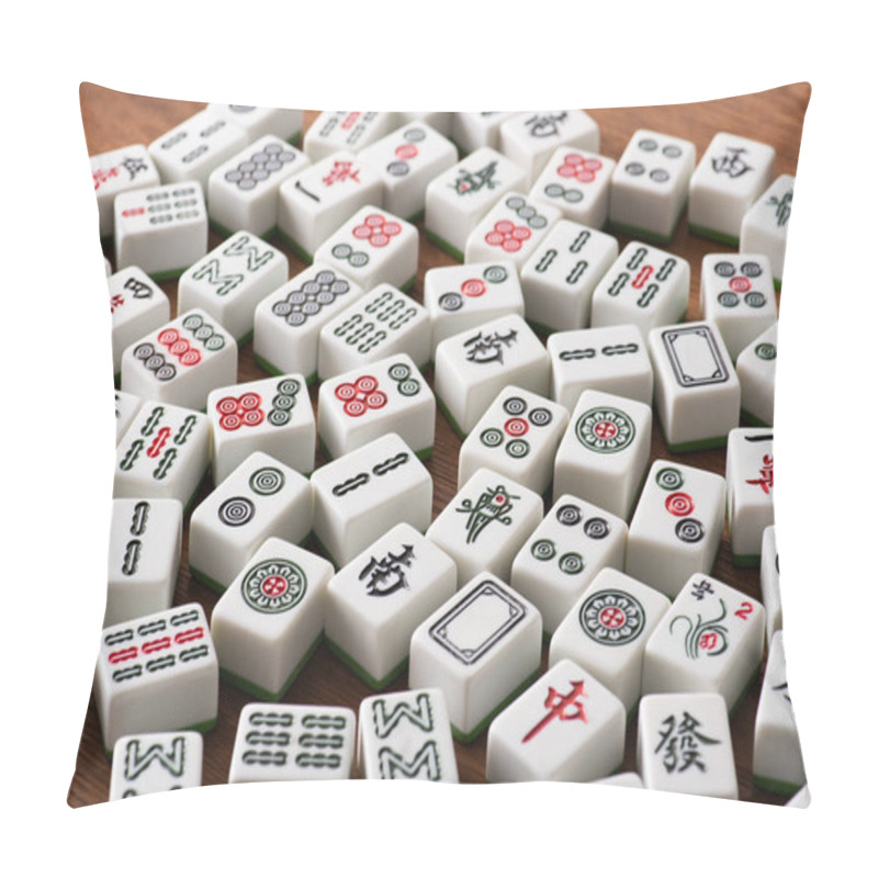 Personality  KYIV, UKRAINE - JANUARY 30, 2019: Selective Focus Of White Mahjong Game Tiles With Signs And Characters On Wooden Table Pillow Covers