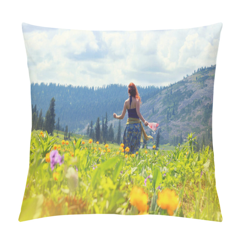 Personality  Happy Young Red Hair Woman Running And Dancing On The Flowers Field Into The Mountains. Happy Travel Concept. Mountain Trekking. Woman In Harmony With Nature. Pillow Covers