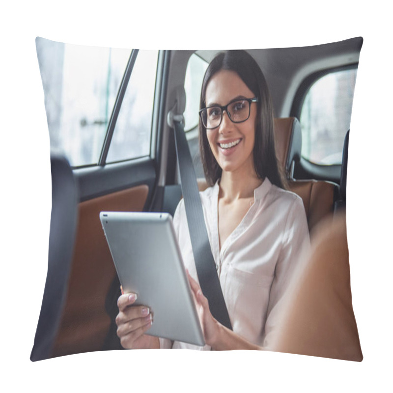 Personality  Beautiful Business Woman In Eyeglasses Is Using A Digital Tablet And Smiling While Sitting On Back Seat In The Car Pillow Covers