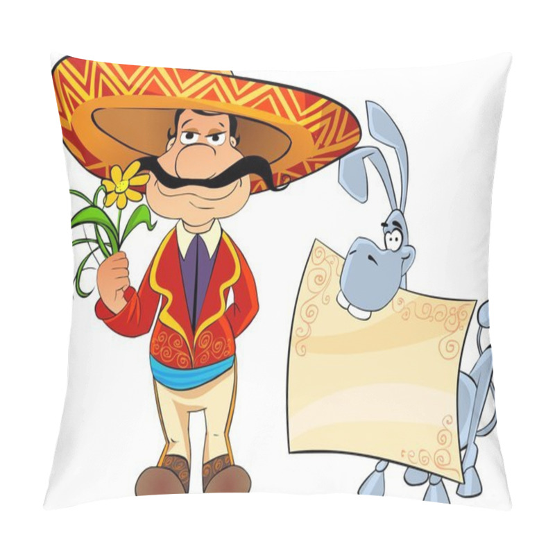 Personality  Greeting Card. Mexican Man With A Flower And A Donkey With A Blank Sheet Of Paper. Pillow Covers