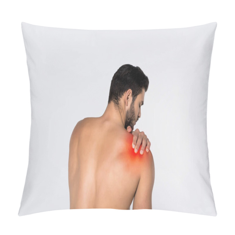 Personality  Back View Of Young Shirtless Man With Pain In Shoulder Isolated On White Pillow Covers