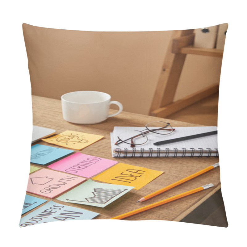 Personality  Paper Stickers With Business Strategy And Cup Of Coffee On Tabletop Pillow Covers