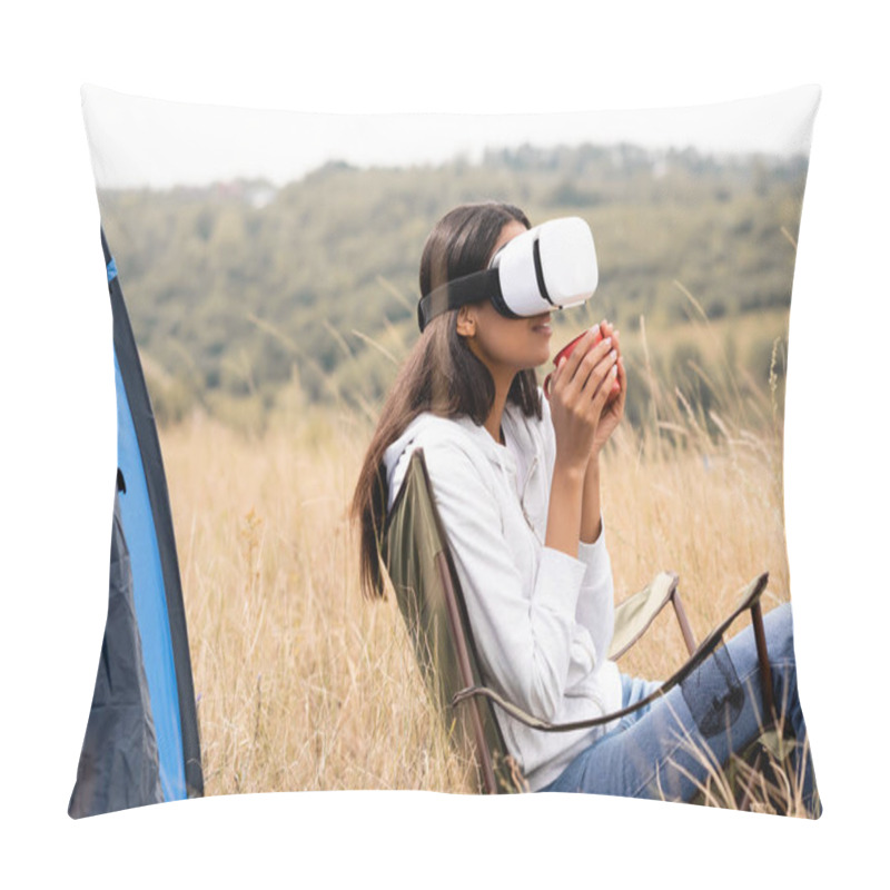 Personality  Smiling African American Woman In Vr Headset Holding Cup While Sitting On Chair Near Tent On Meadow  Pillow Covers