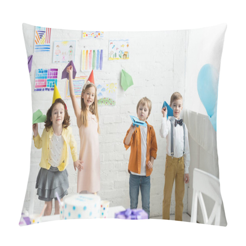 Personality  Adorable Smiling Kids Playing With Paper Planes During Birthday Party At Home Pillow Covers