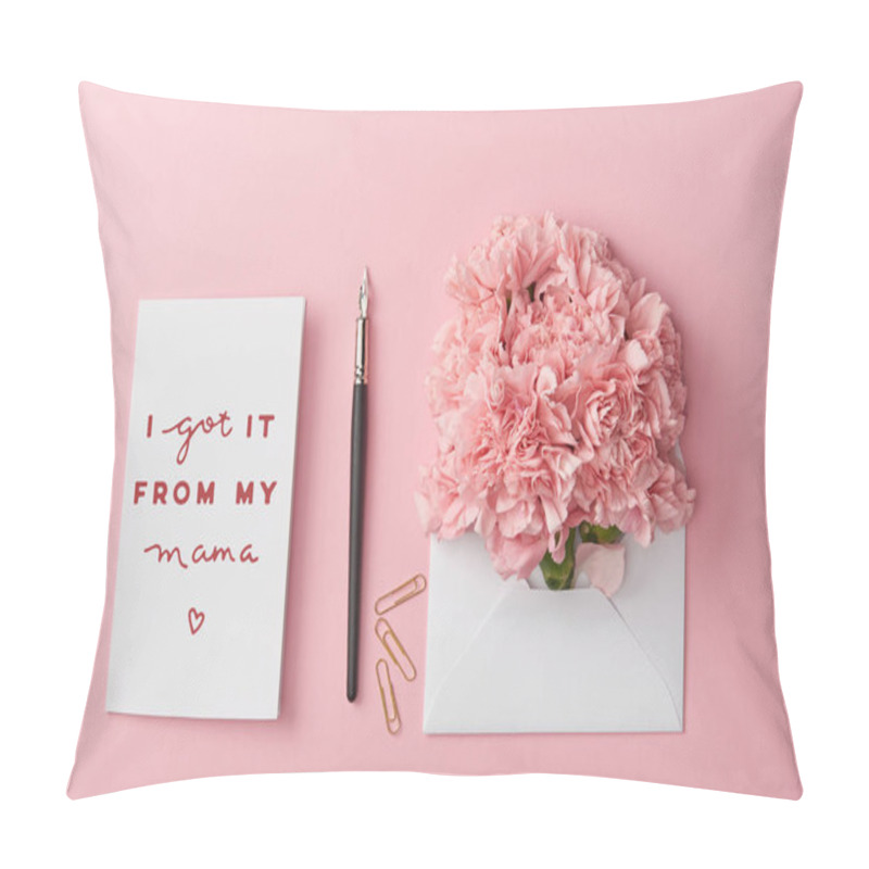 Personality  Top View Of Mothers Day Greeting Card And Envelope With Carnations On Pink Background Pillow Covers