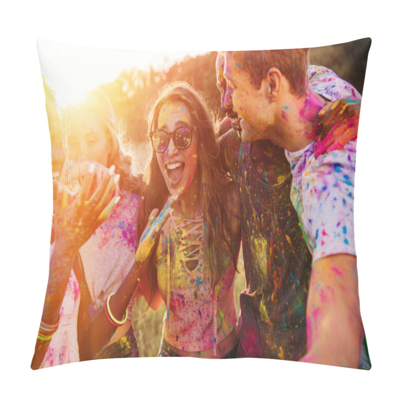 Personality  Happy Young Multiethnic Friends Having Fun Together At Holi Festival  Pillow Covers