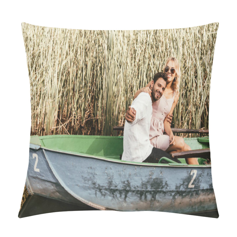 Personality  Cheerful Man Pointing With Finger While Sitting With Girlfriend In Boat Near Thicket Of Sedge Pillow Covers