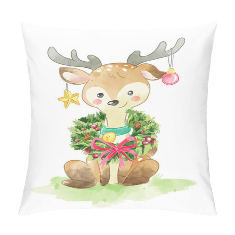 Personality  Cute Deer With Christmas Wreath Illustration Pillow Covers