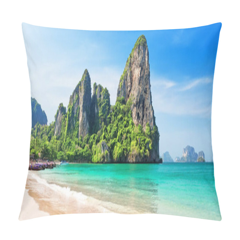 Personality  Panorama Of Beautiful Sand Railay Beach And Thai Traditional Wooden Longtail Boat In Krabi Province. Ao Nang, Thailand. Pillow Covers