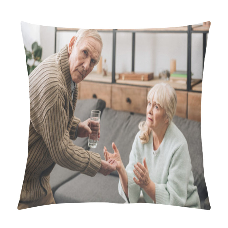 Personality  Senior Man Giving To Old Woman Glass Of Water And Pills While Looking At Camera Pillow Covers