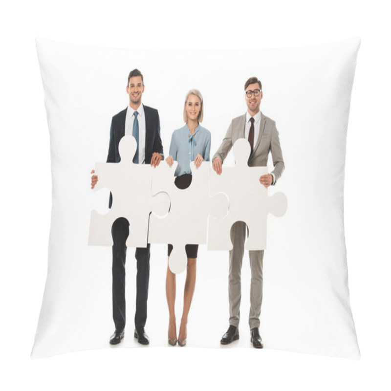 Personality  Businesspeople Holding Puzzle Elements Isolated On White, Teamwork Concept Pillow Covers