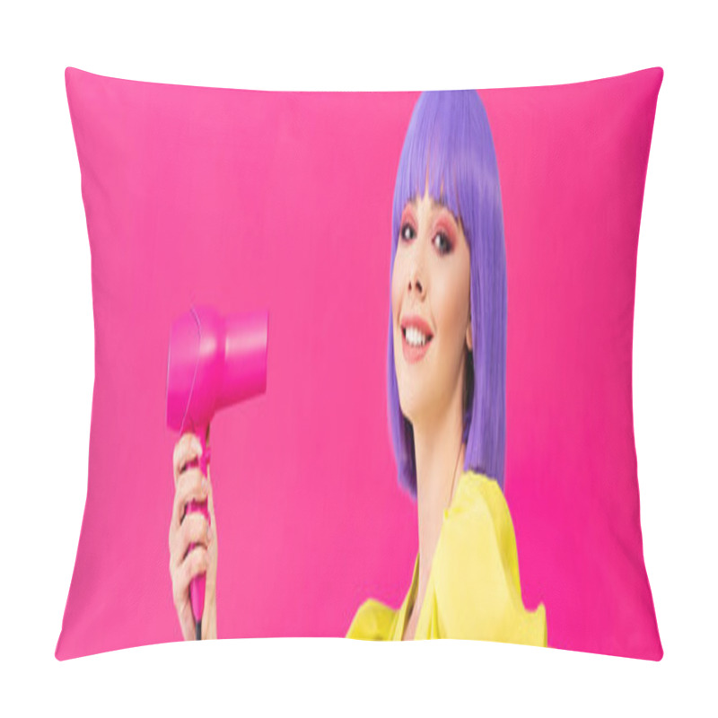 Personality  Panoramic Shot Of Cheerful Pop Art Girl In Purple Wig Using Hair Dryer, Isolated On Pink Pillow Covers