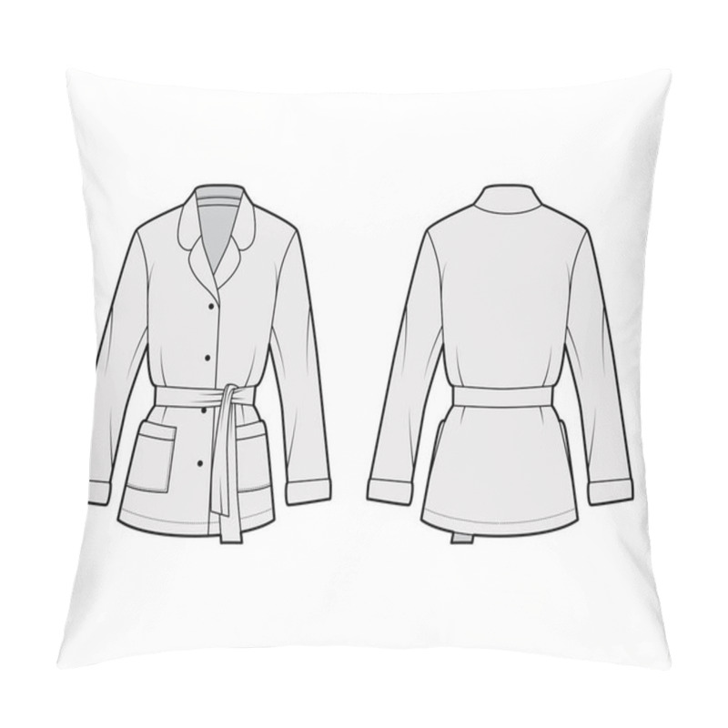 Personality  Belted Pajama-style Wrap Shirt Technical Fashion Illustration With Rounded Notch Collar, Long Sleeves, Square Pockets Pillow Covers