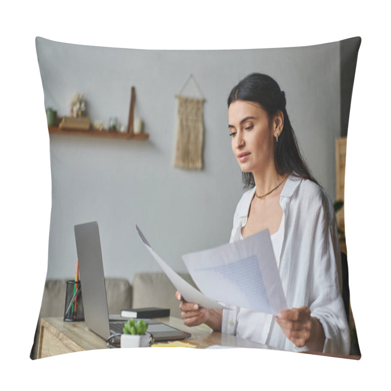 Personality  A Woman In Casual Attire Is Seated At A Desk Surrounded By Papers. Pillow Covers