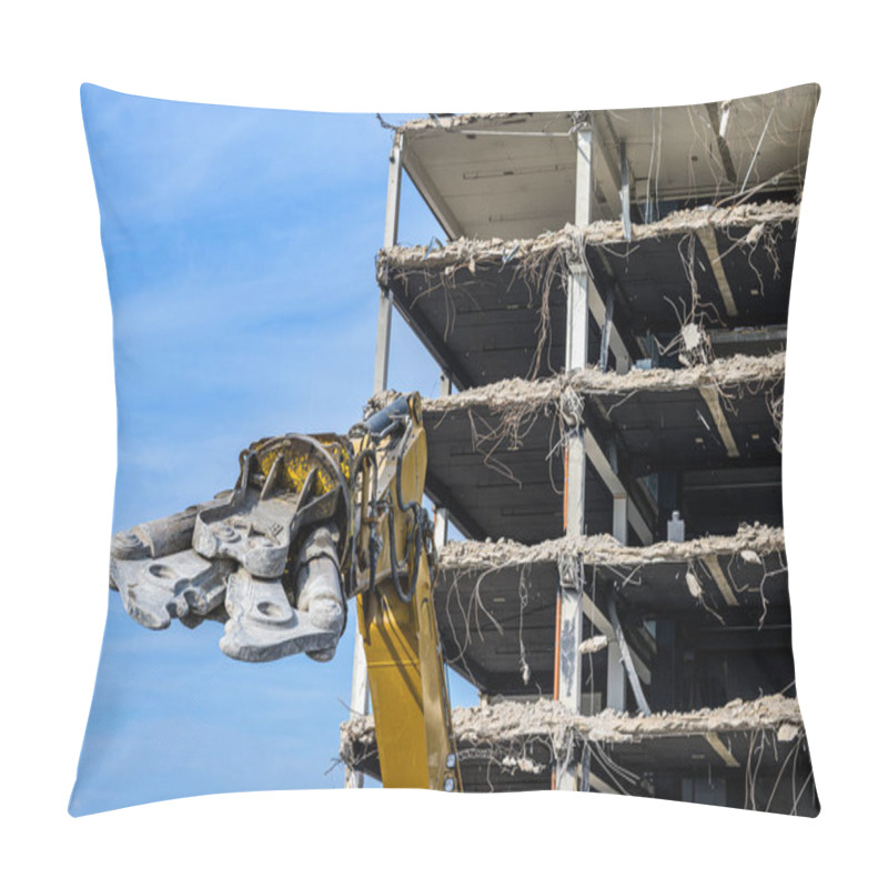 Personality  Building House Destruction Demolition Site Excavator With Hydraulic Crusher Machine Ruin House Pillow Covers