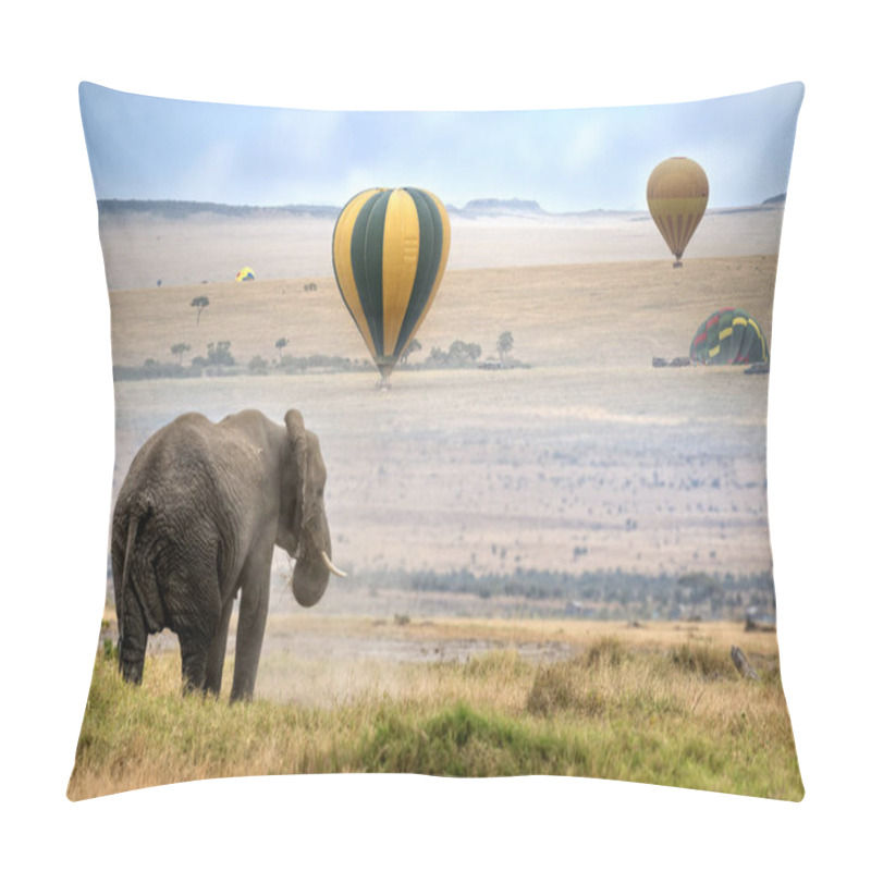 Personality  African Elephant ,  Foggy Morning, Ballons Landing On Background,  Masai Mara National Reserve, Kenya Pillow Covers