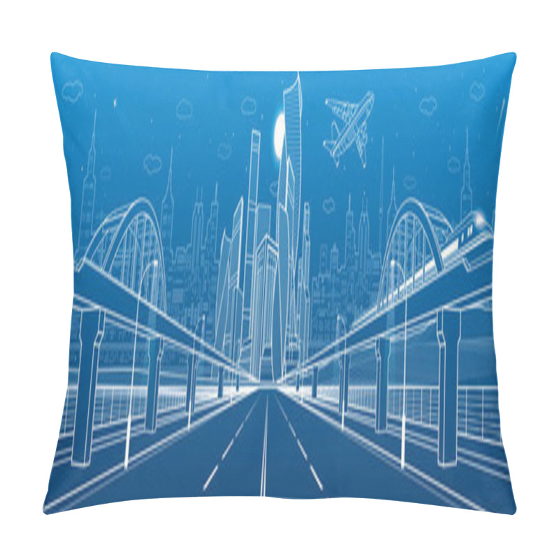 Personality  Railway Bridge Over Wide Highway. Urban Infrastructure Panorama, Modern City On Background, Industrial Architecture. Train Rides. Airplane Fly. White Lines Illustration, Night Scene, Vector Design Art Pillow Covers