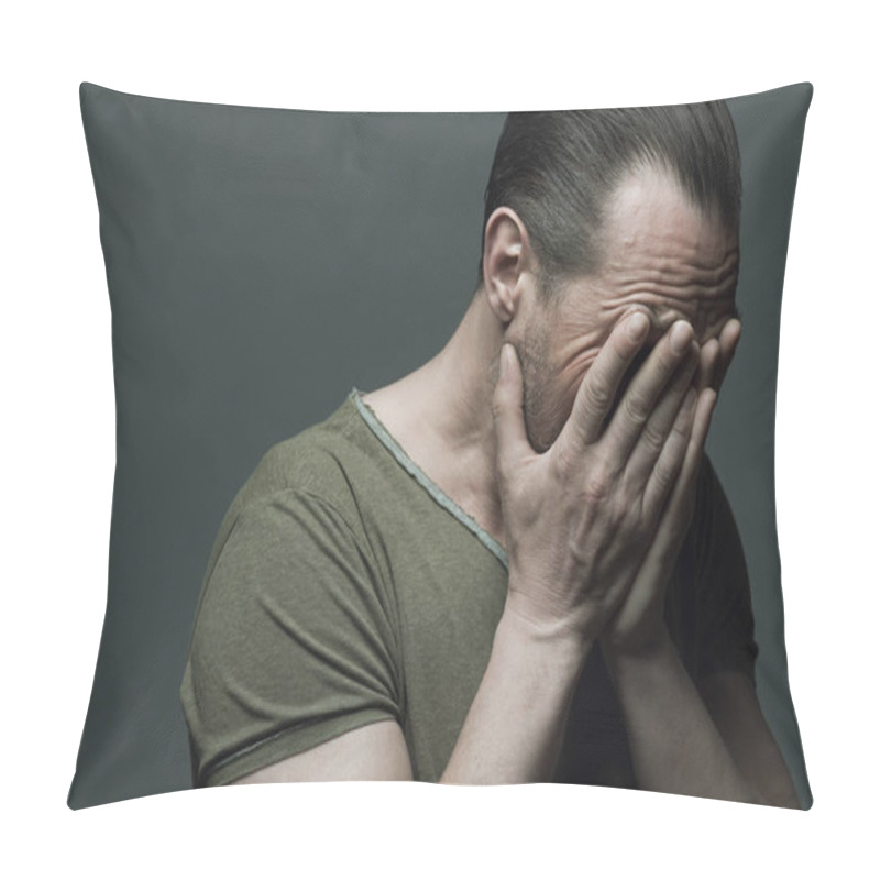 Personality  Tired Man, See No Evil Concept. Emotional Portrait Of 40-year-old Strong Brutal Man Over Dark Gray Background. Hair Brushed Back. Rocker, Biker Style. Close Up. Copy-space. Studio Shot Pillow Covers