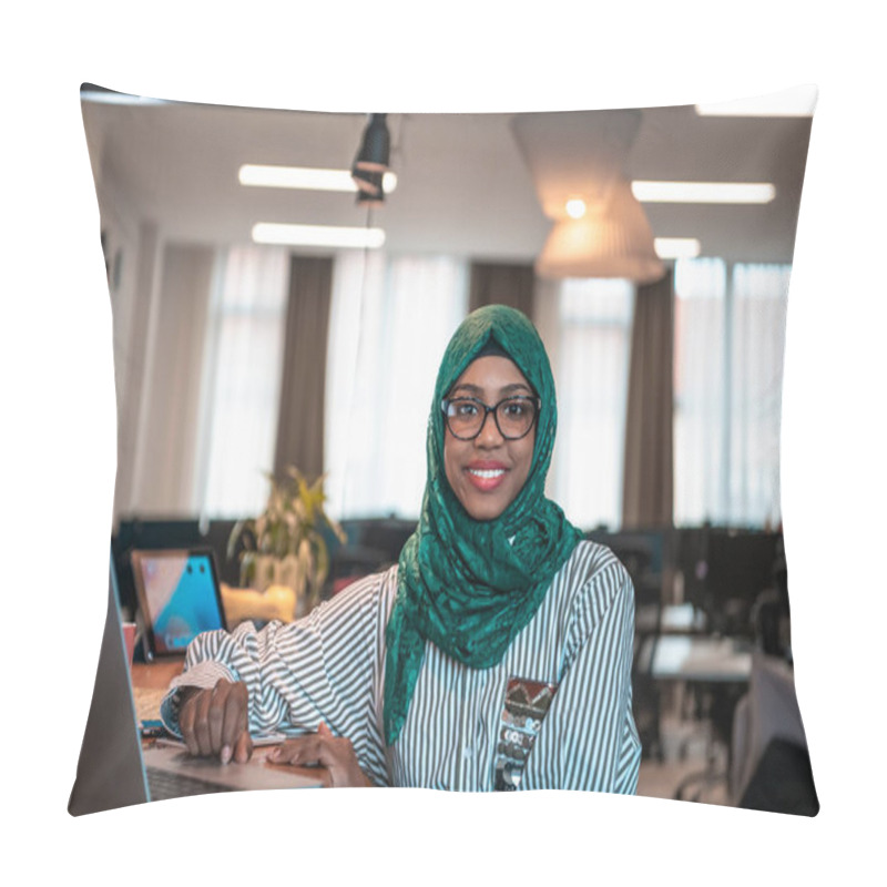 Personality  Businesswoman Wearing A Green Hijab Using Laptop In Relaxation Area At Modern Open Plan Startup Office. Selective Focus. High-quality Photo Pillow Covers