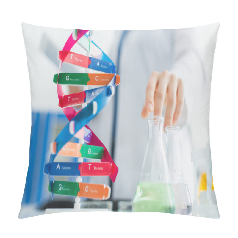 Personality  Selective Focus Of Dna Model And Flasks Near Cropped Geneticist On Blurred Background Pillow Covers