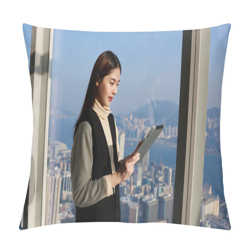 Personality  Asian Female Manager Is Using Digital Tablet For Searching Needed Information Pillow Covers