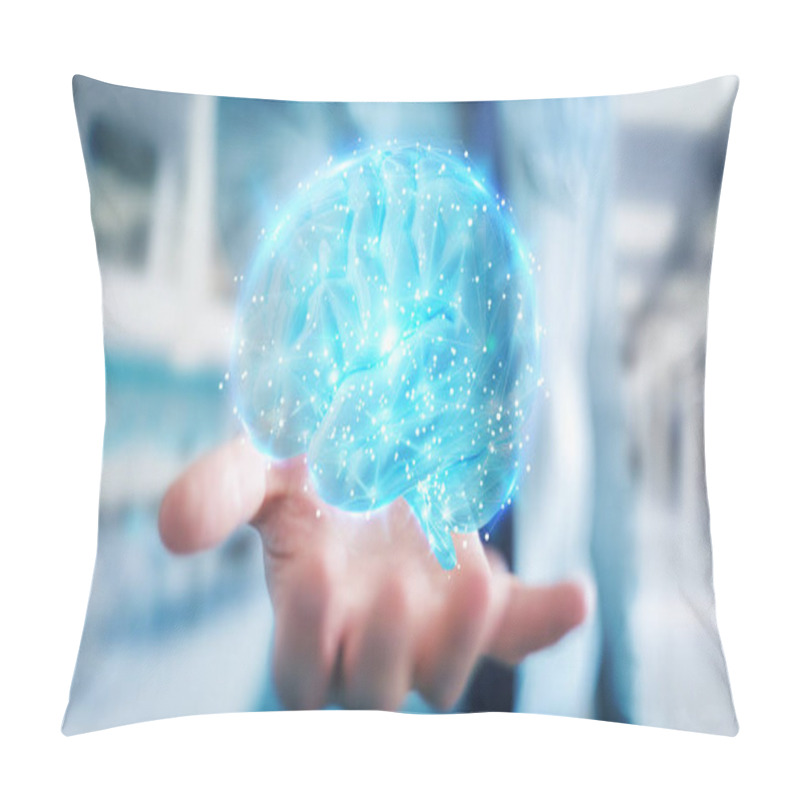 Personality  Businessman On Blurred Background Using Using Digital 3D Projection Of A Human Brain 3D Rendering Pillow Covers