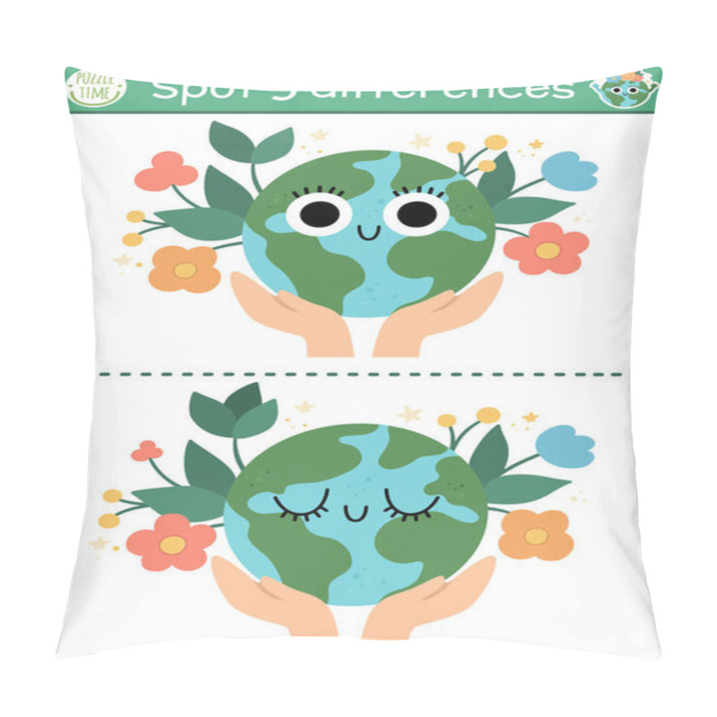 Personality  Find Differences Game For Children. Ecological Educational Activity With Cute Planet In Hands. Earth Day Puzzle For Kids With Funny Character. Eco Awareness, Zero Waste Printable Worksheet Or Pag Pillow Covers