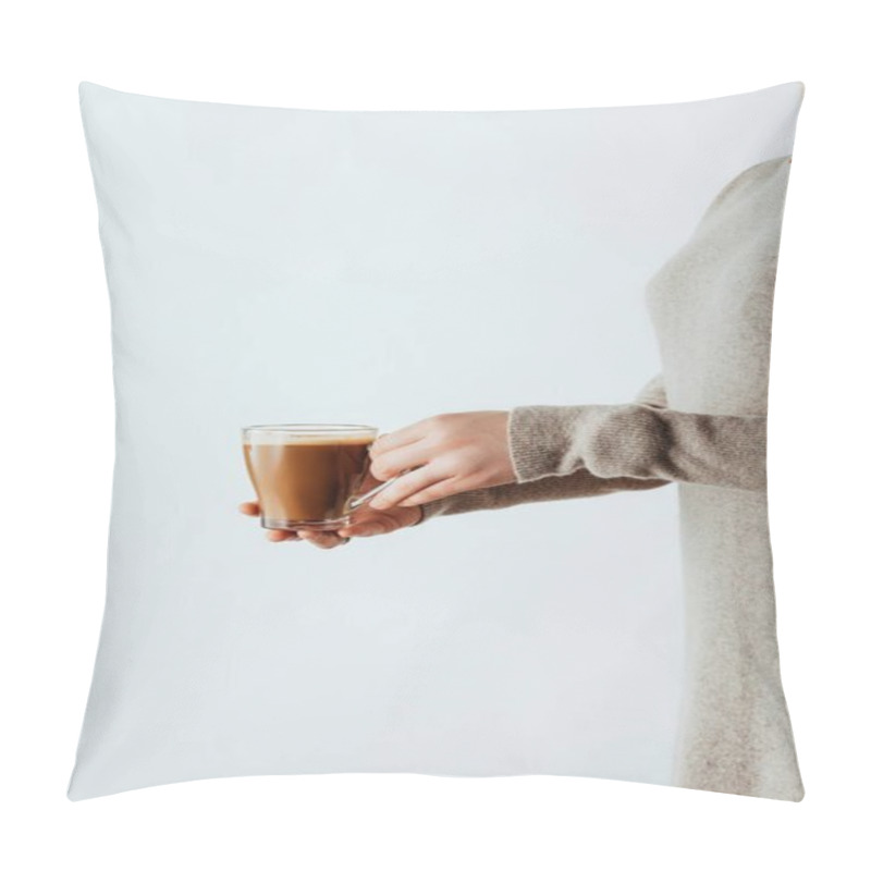 Personality  Partial Side View Of Woman Holding Glass Cup With Coffee Isolated On White Pillow Covers