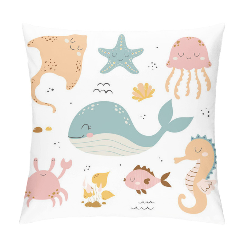 Personality  Cute Baby Sea Fishes, Crab, Whale, Stingray And Algae, Vector Cartoon Underwater Animals Collection, Jellyfish, Starfish, Seahorse And Shell, Ocean And Sea Life Illustration Pillow Covers