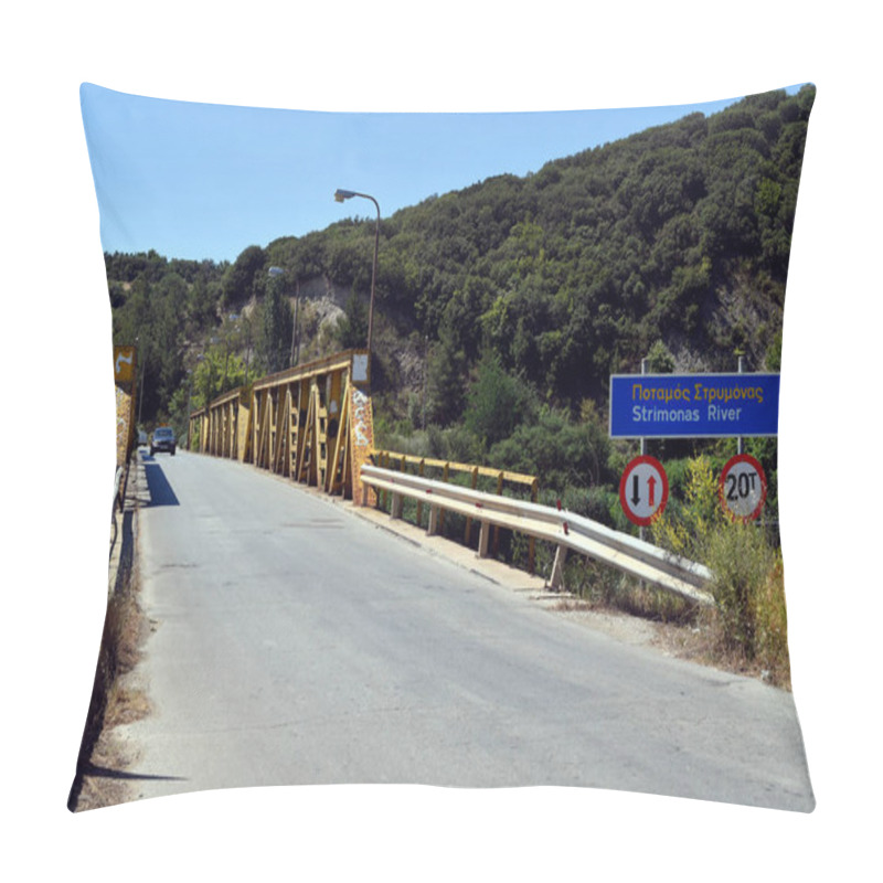 Personality  Greece, Traffic Sign Waiting Obligation For Oncoming Traffic And Weight Restriction On The Bridge Over The Strimonas River Pillow Covers