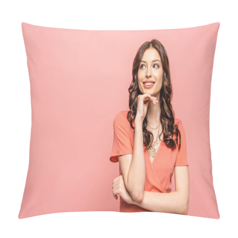 Personality  Happy Young Woman Holding Hand Near Face While Looking Away Isolated On Pink Pillow Covers