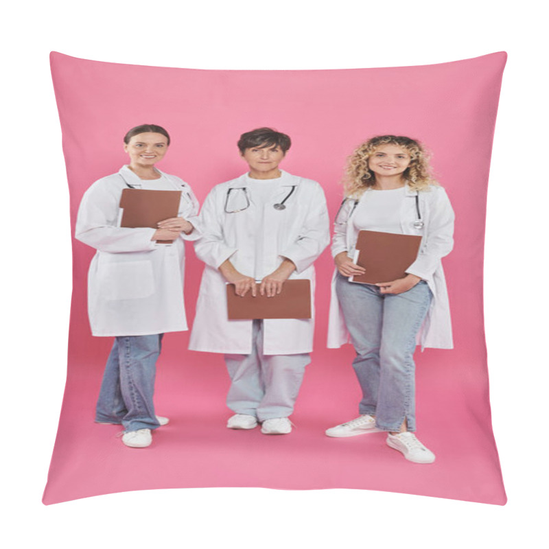 Personality  Happy Female Doctors Holding Paper Folders And Standing On Pink Background, Breast Cancer Awareness Pillow Covers