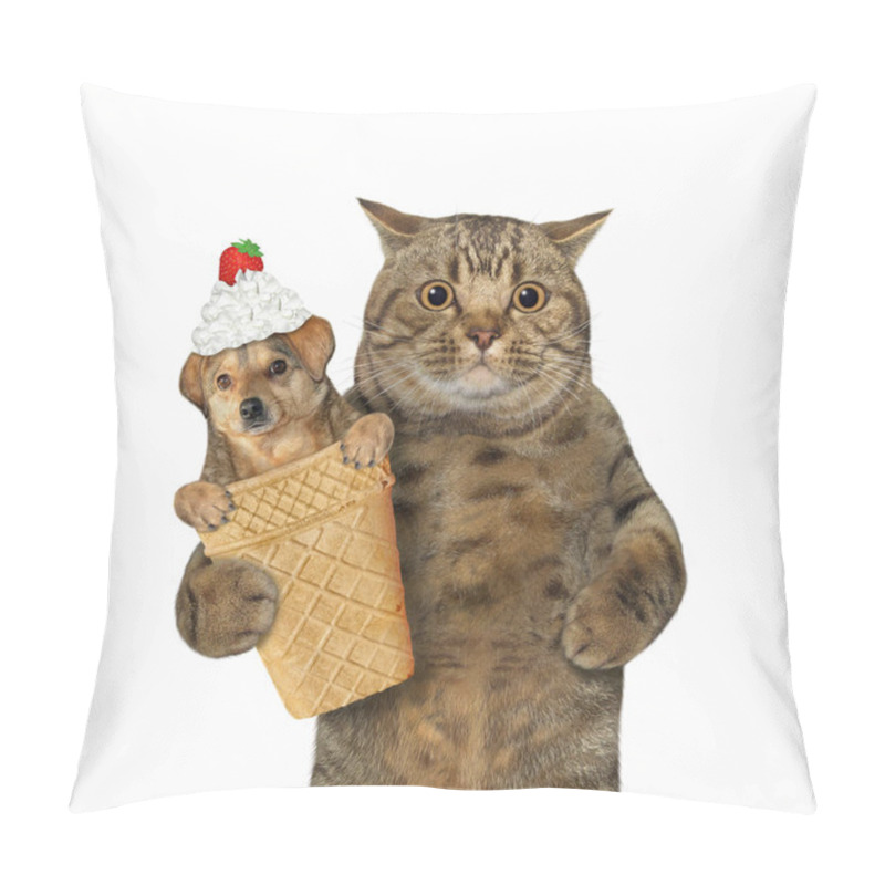 Personality  The Beige Cat Holds A Waffle Cup For Ice Cream With A Dog With Whipped Cream And A Strawberry On Its Head Inside Of It. White Background. Isolated. Pillow Covers