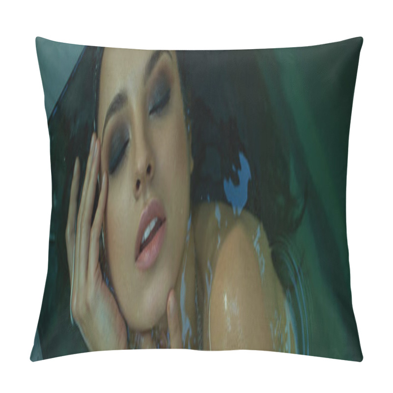 Personality  A Young Woman With Wet, Dark Hair Lies Peacefully In Water, Her Eyes Closed, As Light Plays Across Her Skin. Pillow Covers