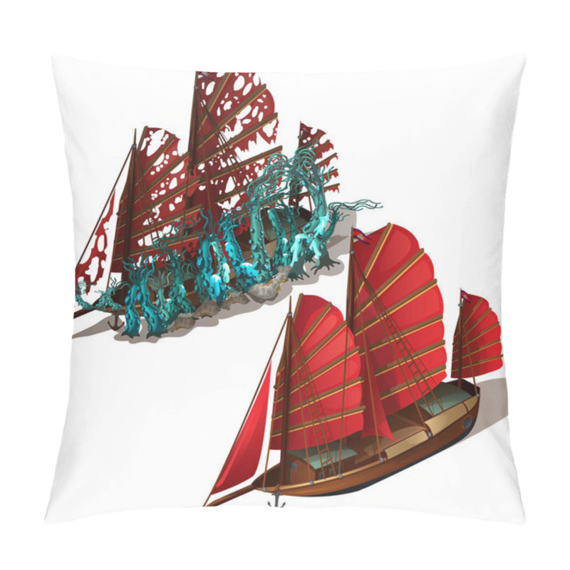 Personality  Beautiful Old Sailboat With Red Sails Isolated On A White Background. Ship After Shipwreck Is Overgrown With Polyps And Corals On The Seabed. Vector Illustration. Pillow Covers